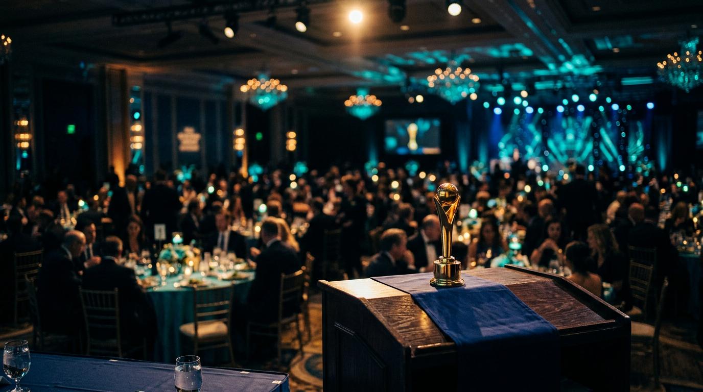 A small trophy on a podium table in a dim banquet hall