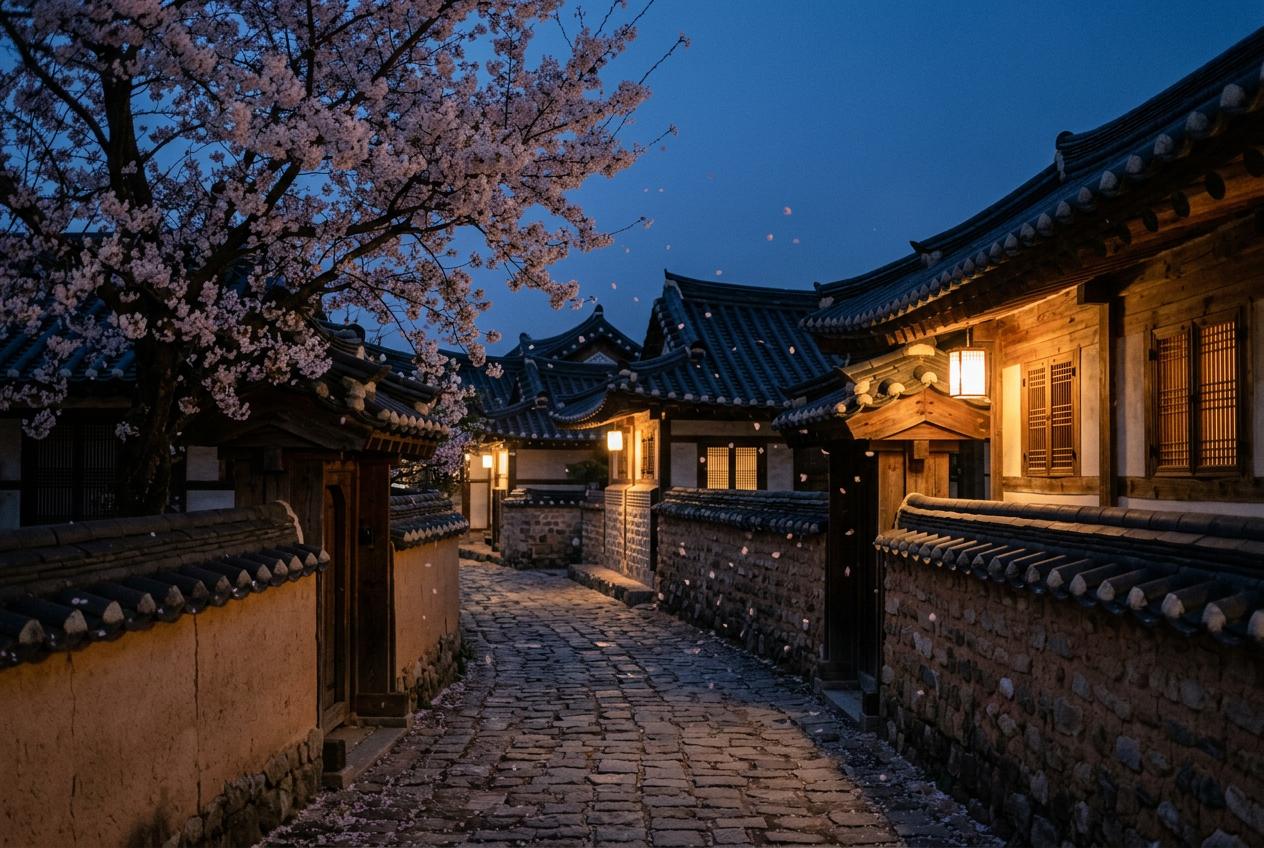 A quiet lane of traditional Korean houses on a spring evening
