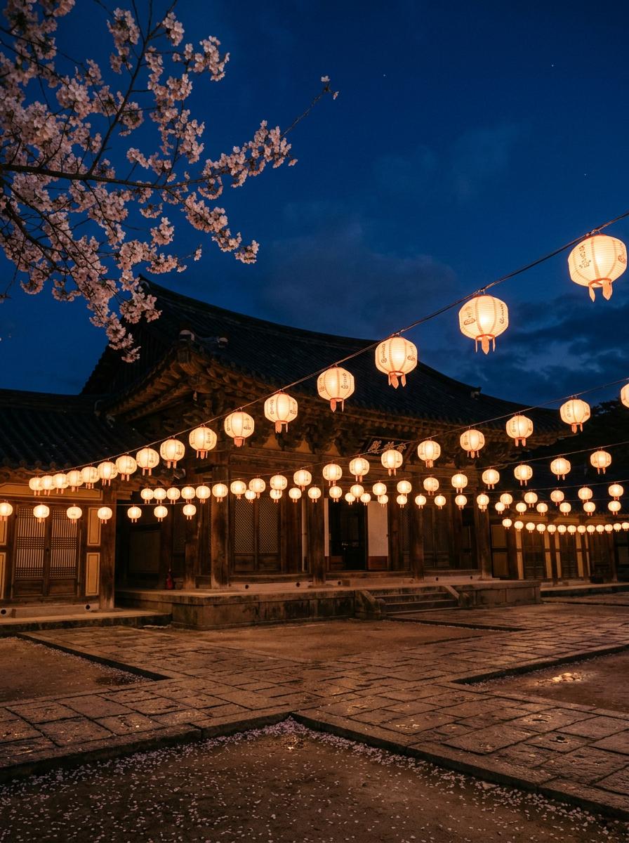 Paper lanterns over a courtyard at dusk