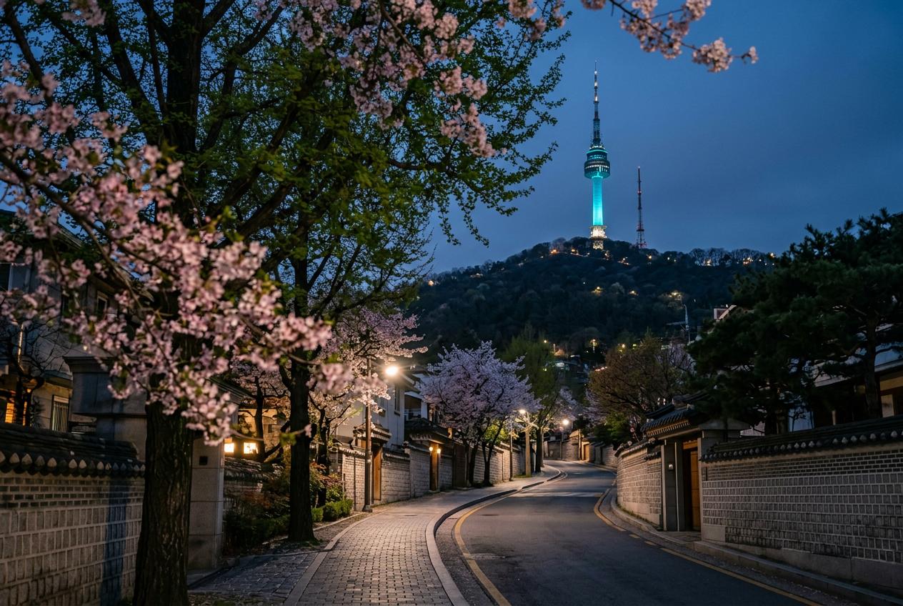 A tower above the city at dusk