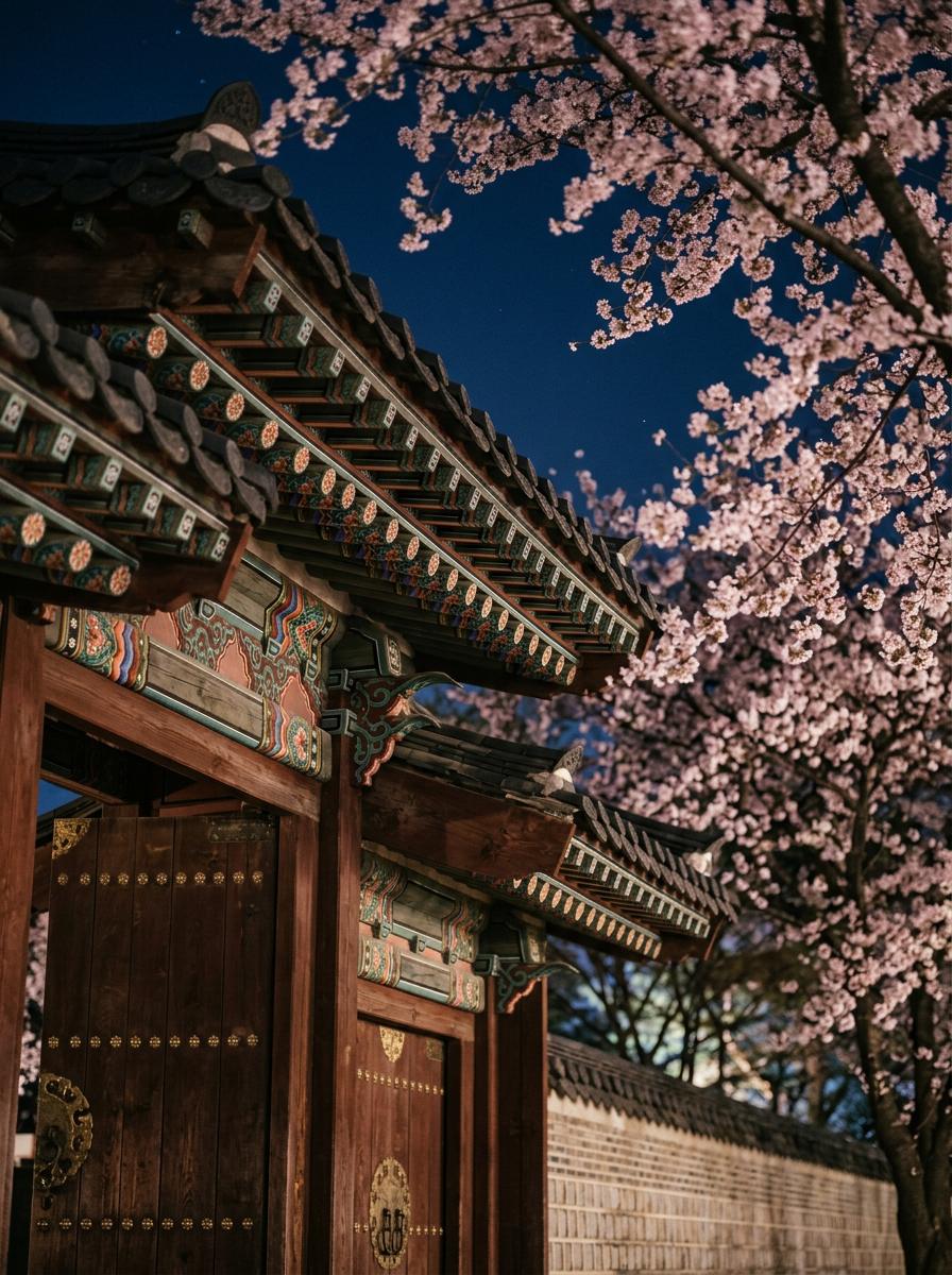A traditional palace gate framed by cherry blossoms at dusk