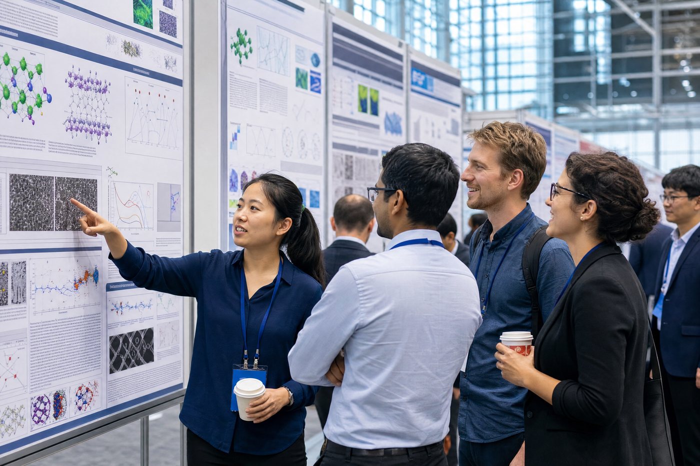 Researchers discussing printed A0 posters at a conference poster session