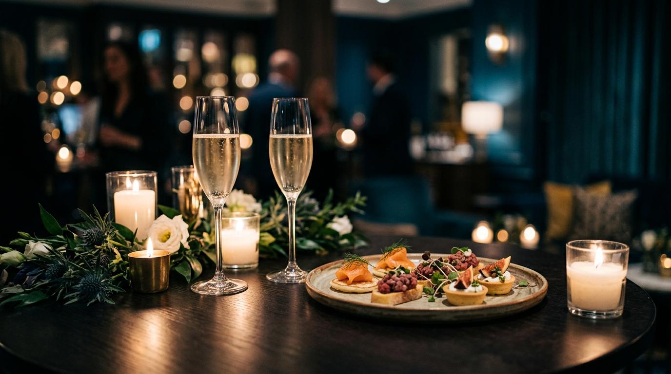 Glasses and canapes on a candlelit reception table