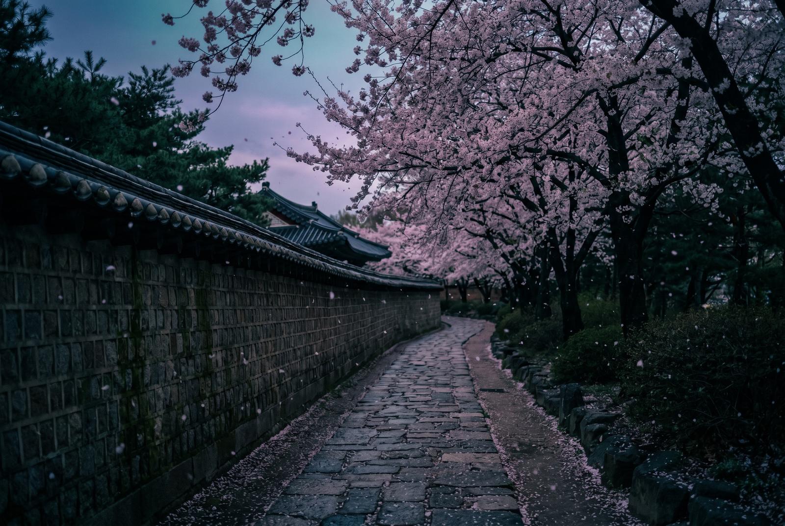 A palace wall path lined with cherry blossoms