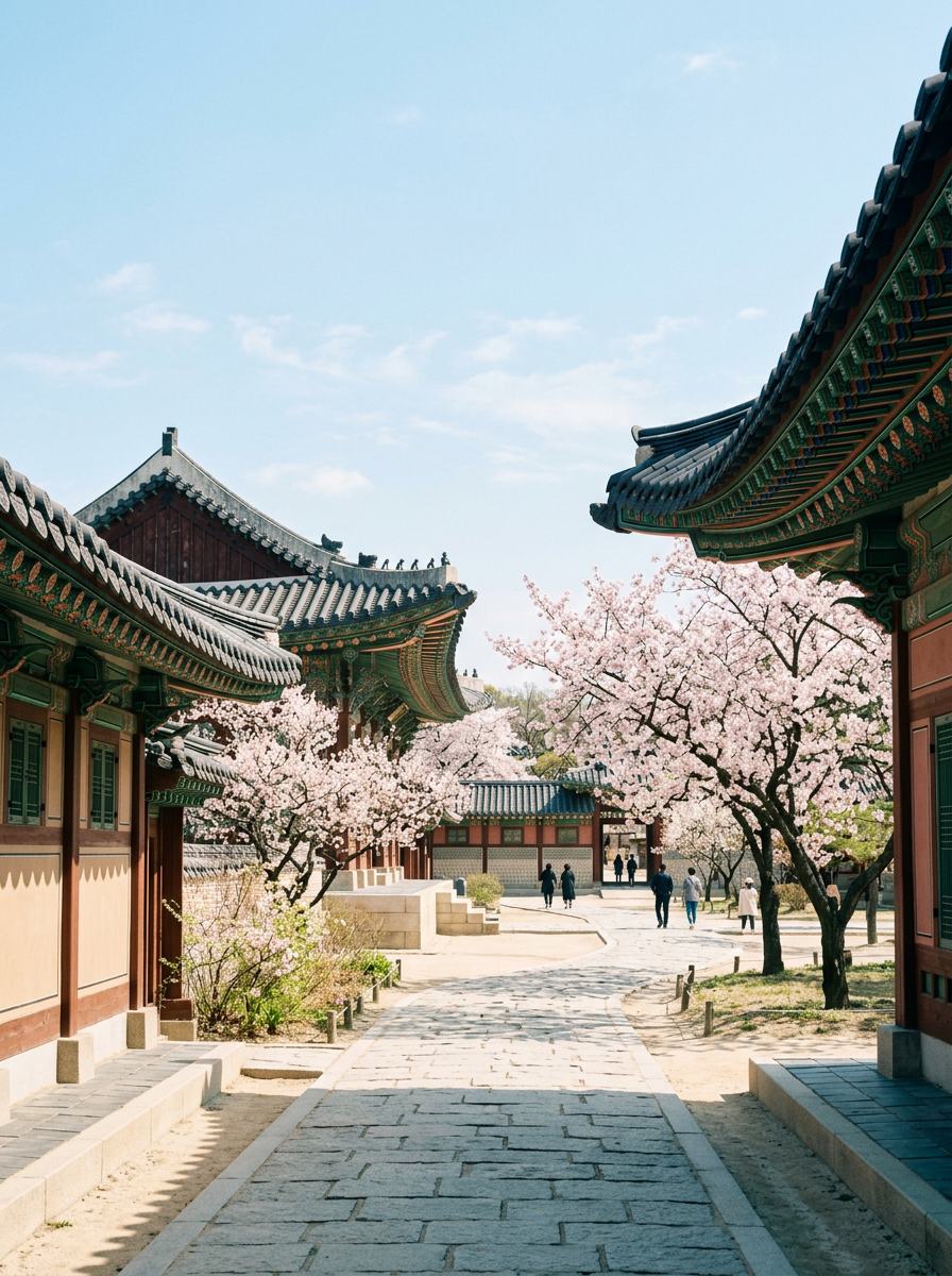 A sunlit palace courtyard with cherry blossoms in spring