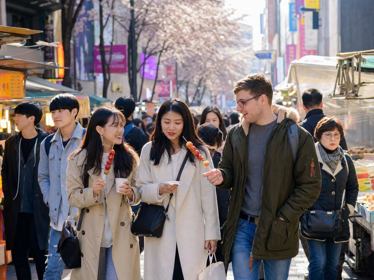 International visitors and Korean friends chatting over street snacks on a spring Myeongdong street