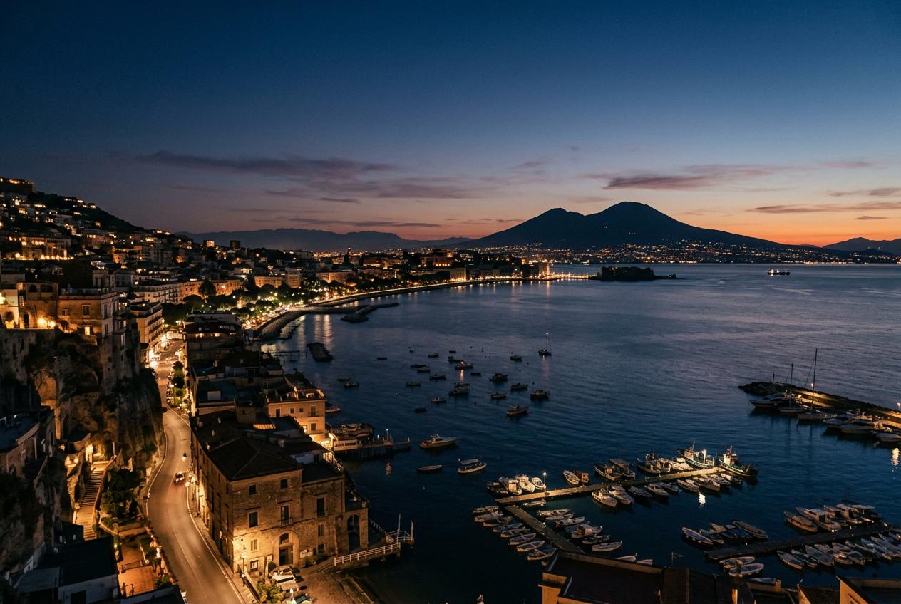 Coastal town on the Bay of Naples in evening light, Torre del Greco