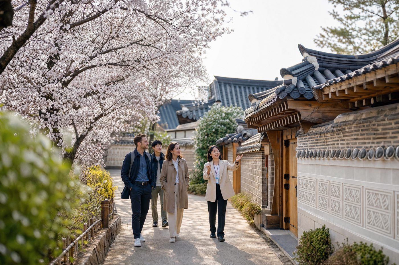 A guided group walking a quiet lane of traditional Korean houses under cherry blossoms on a bright spring morning