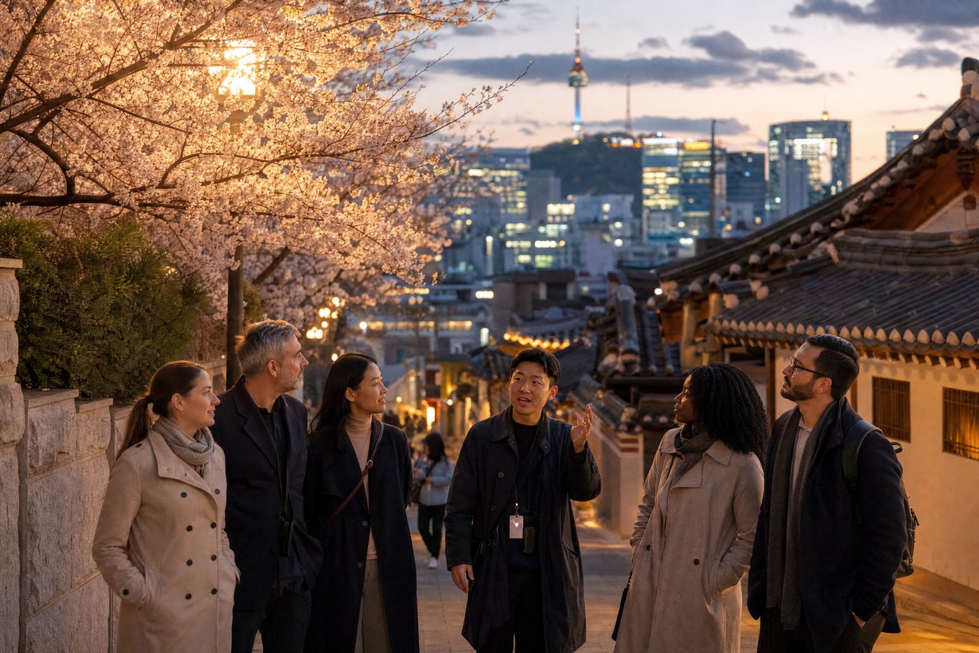 A guided group on a Seoul street among cherry blossoms at dusk, city lights beyond